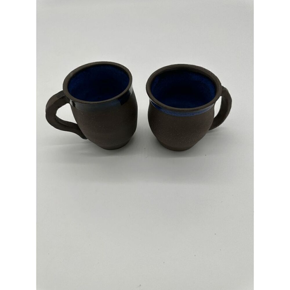 Studio Pottery Mugs Set of 2 w Handle Blue Glazed Inside Stamped  8-10 oz Capaci